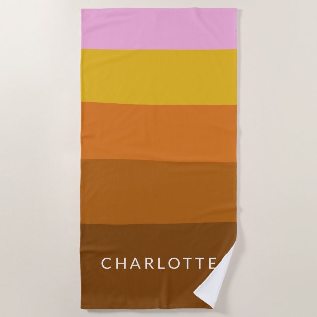 Personalised Name Modern Stripes Colourful Retro Beach Towel (Front)