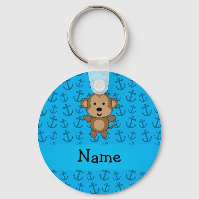 Personalised name monkey blue anchors pattern key ring (Front)