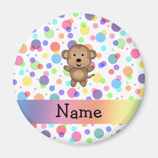 Personalised name monkey rainbow polka dots magnet (Front)