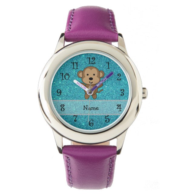 Personalised name monkey turquoise glitter watch (Front)