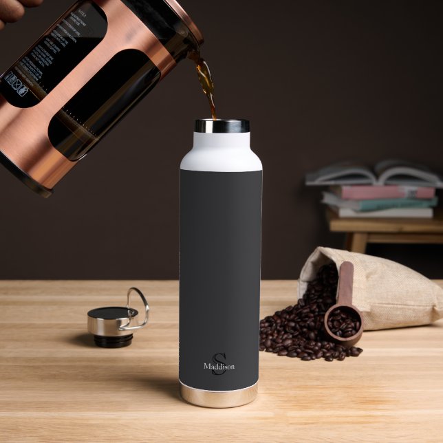 Personalised Name Monogram Black Charcoal Grey Water Bottle (Coffee (Rotated))