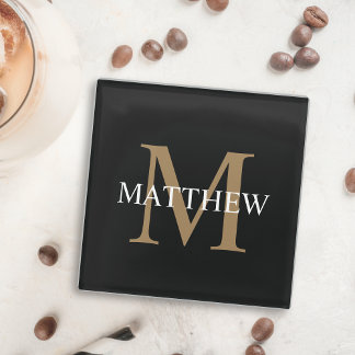 Personalised Name Monogram Black Glass Coaster
