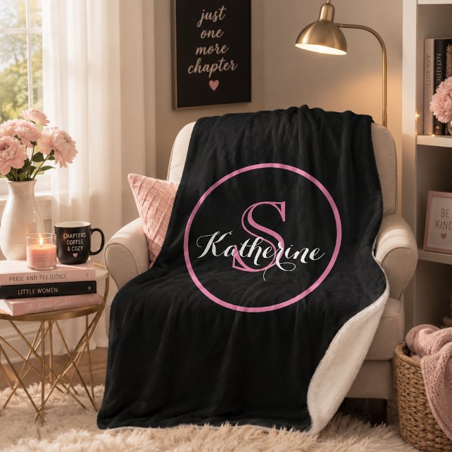 Personalised Name Monogram Black Pink Sherpa Blanket (Creator Uploaded)