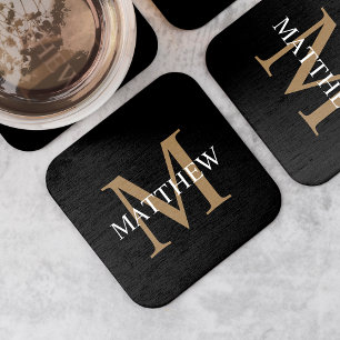Personalised Name Monogram Black Square Paper Coaster