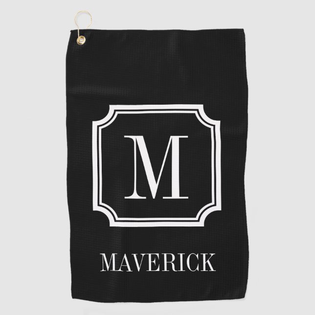 Personalised name monogram classy black golf towel (Front)