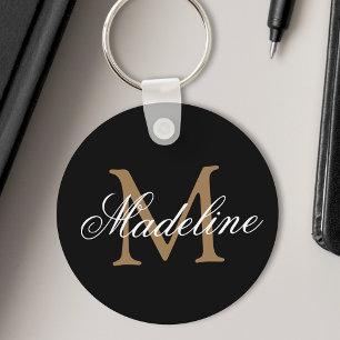 Personalised Name Monogram Elegant Black Gold Key Ring