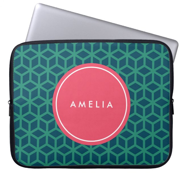 Personalised Name Monogram Geometric Teal Laptop Sleeve (Front)