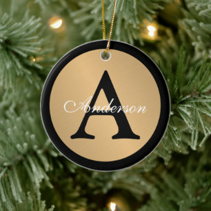 Personalised Name Monogram Gold Metallic Button  Ceramic Tree Decoration