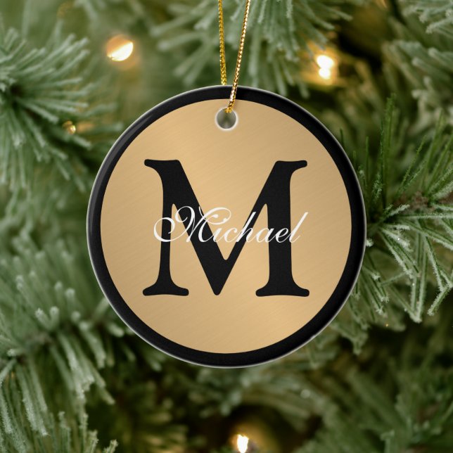 Personalised Name Monogram Gold Metallic Button  Ceramic Tree Decoration (Tree)