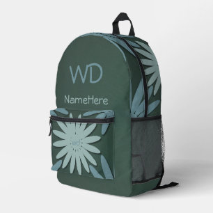 Personalised Name Monogram Green Blue Flowers Printed Backpack