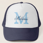 Personalised name monogram hat for wedding party<br><div class="desc">Personalised name monogram navy blue trucker hat for bride and bridesmaids . Vintage monogrammed name initial letter with stylish script typography. Cute wedding party favour caps for guests, friends and family. Make your own for bride to be and bride's entourage; brides maid, maid of honour, flower girl, matron of honour,...</div>