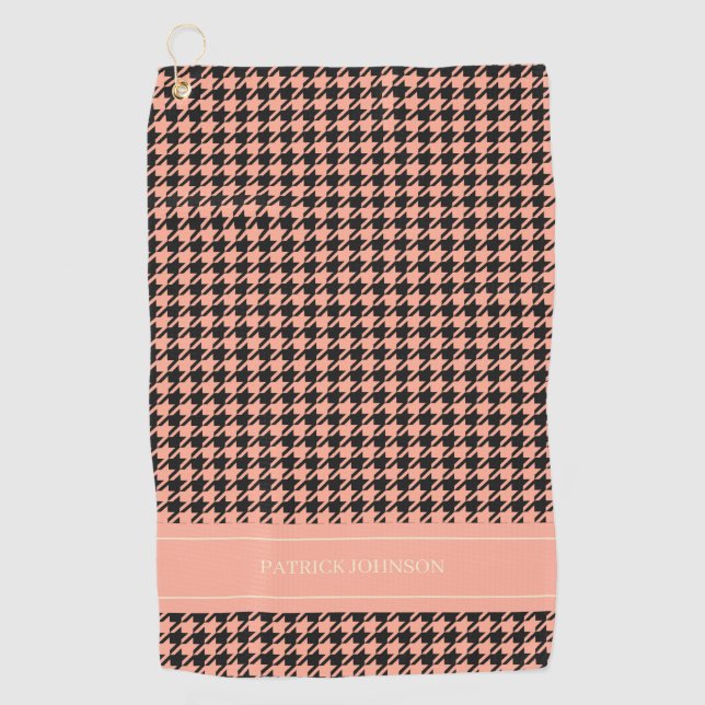 Personalised Name Monogram Peach Houndstooth  Golf Towel (Front)