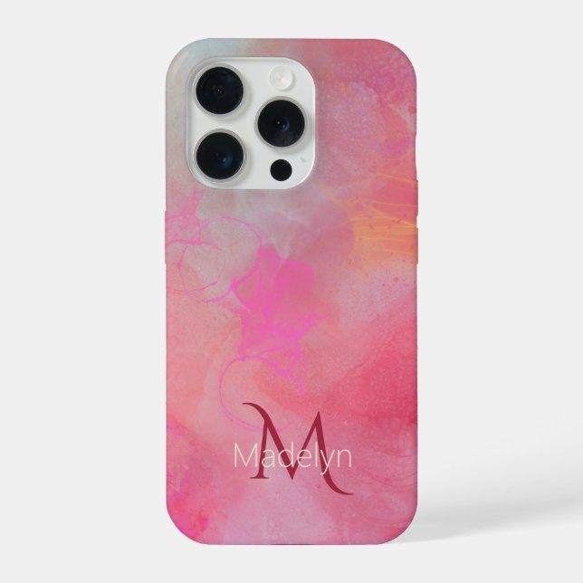 Personalised Name + Monogram Pink Watercolor Ink iPhone Case (Back)