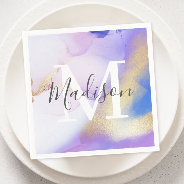 Personalised Name Monogram Purple Watercolor Glam Napkin (Creator Uploaded)