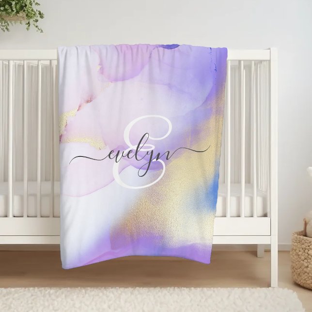 Personalised Name Monogram Purple Watercolor Luxe Fleece Blanket (Creator Uploaded)