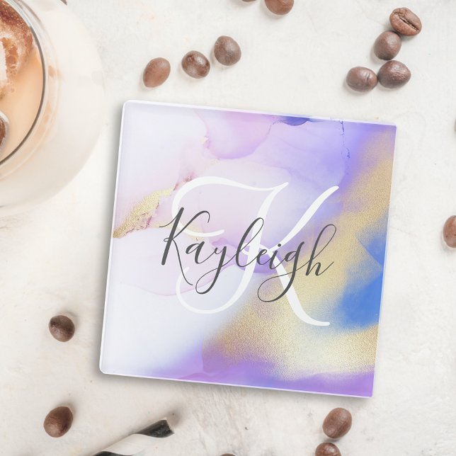 Personalised Name Monogram Purple Watercolor Luxe Glass Coaster (Creator Uploaded)