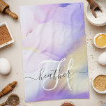 Personalised Name Monogram Purple Watercolor Luxe Tea Towel<br><div class="desc">Easily personalise this glamourous style abstract lilac watercolor paint and faux gold spray background with your custom details.</div>
