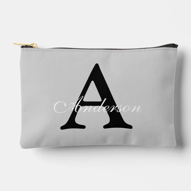 Personalised Name Monogram Silver Background Accessory Pouch (Front)
