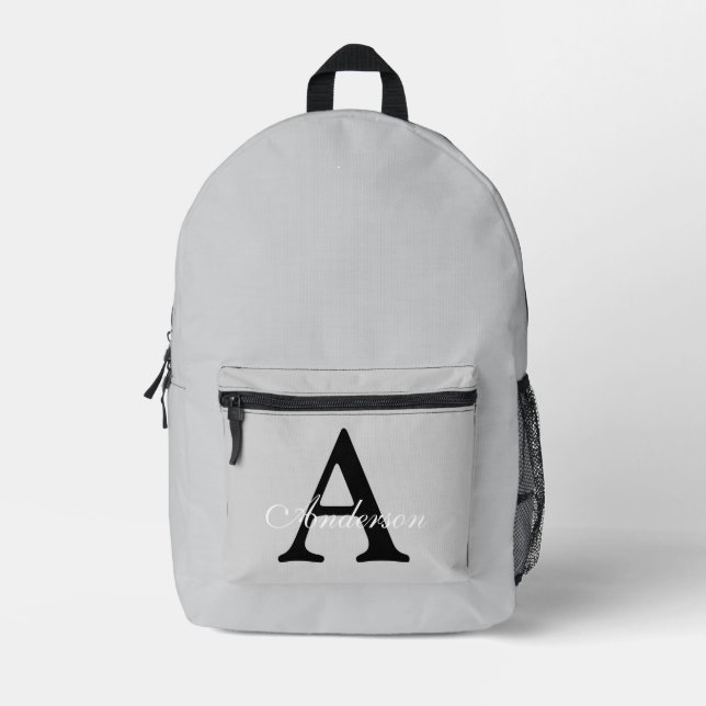 Personalised Name Monogram Silver Background Printed Backpack (Front)