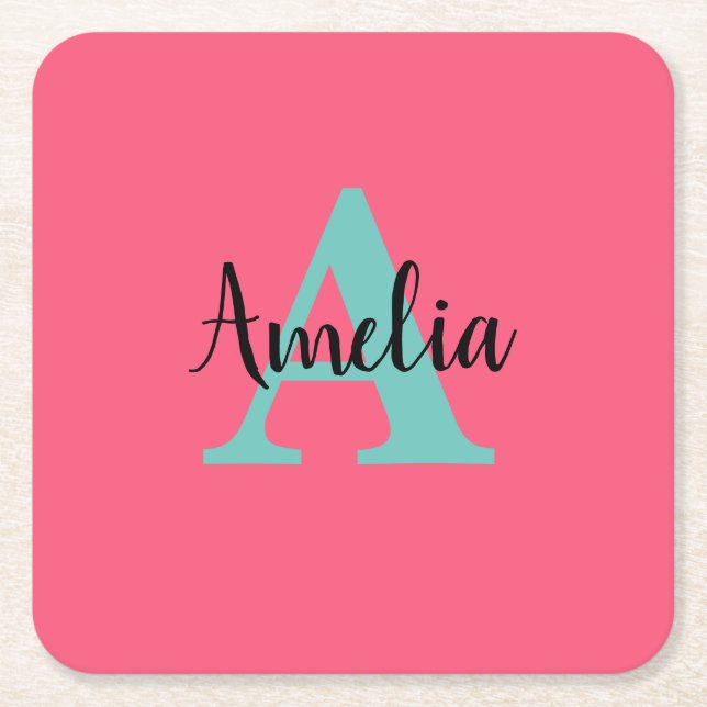 Personalised Name Monogram  Square Paper Coaster (Front)