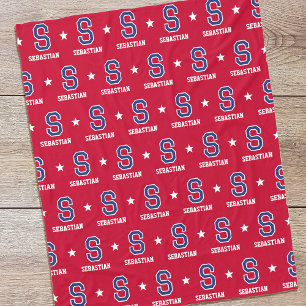 Personalised Name Monogram Star Crimson Navy Fleece Blanket