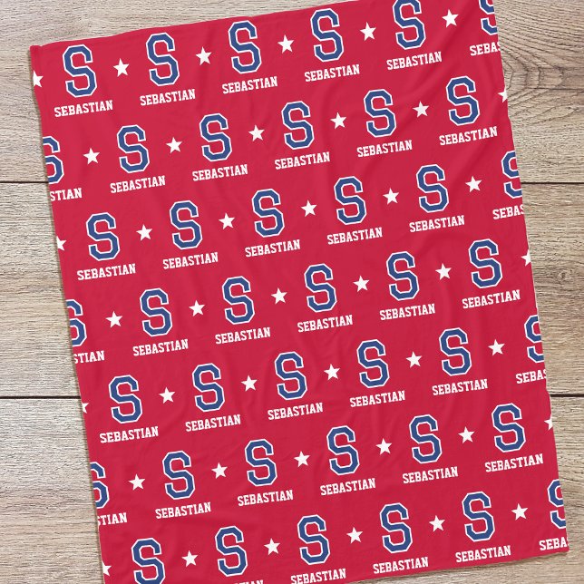 Personalised Name Monogram Star Crimson Navy Fleece Blanket (Creator Uploaded)