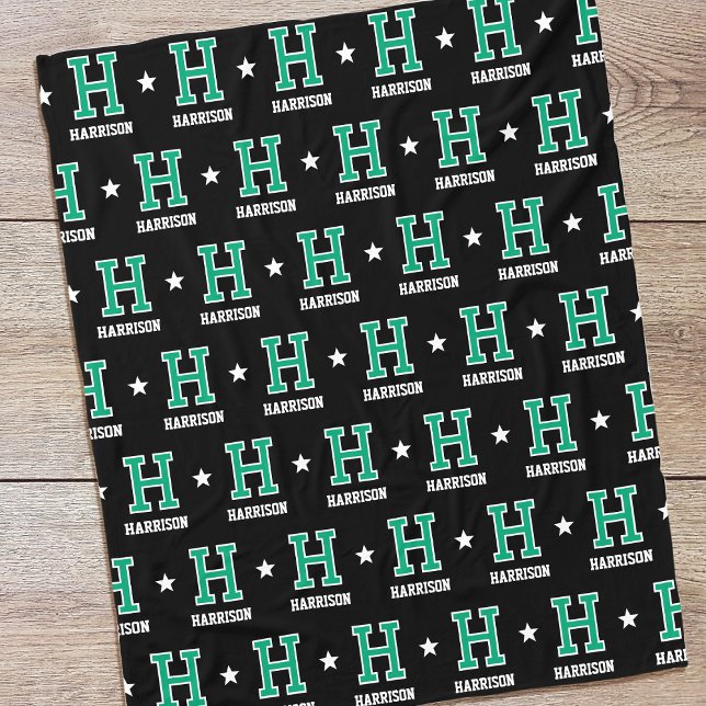 Personalised Name Monogram Star Green Black Fleece Blanket (Creator Uploaded)