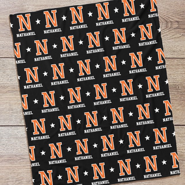 Personalised Name Monogram Star Orange Black Fleece Blanket (Creator Uploaded)