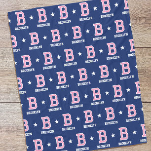 Personalised Name Monogram Star Pink Navy Fleece Blanket
