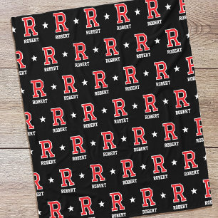 Personalised Name Monogram Star Red Black Fleece Blanket