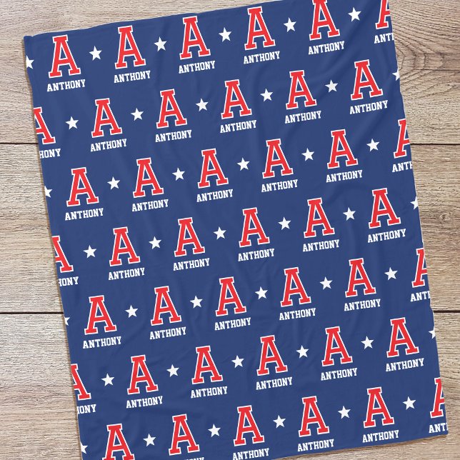 Personalised Name Monogram Star Red Navy Fleece Blanket (Creator Uploaded)