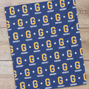 Personalised Name Monogram Star Yellow Navy Fleece Blanket