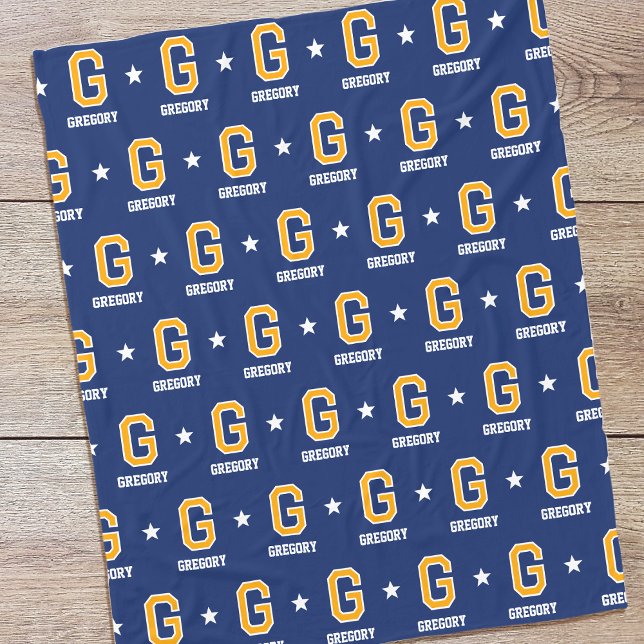 Personalised Name Monogram Star Yellow Navy Fleece Blanket (Creator Uploaded)