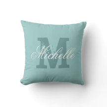 Personalised name monogram teal blue throw pillow