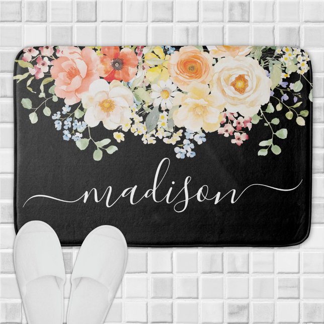 Personalised Name Monogram Watercolor Sunny Floral Bath Mat (Creator Uploaded)