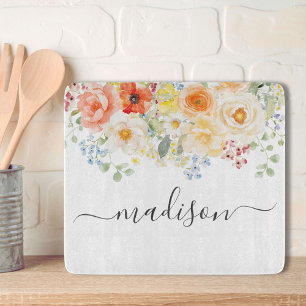 Personalised Name Monogram Watercolor Sunny Floral Cutting Board