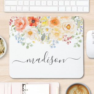 Personalised Name Monogram Watercolor Sunny Floral Mouse Pad