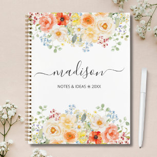Personalised Name Monogram Watercolor Sunny Floral Notebook