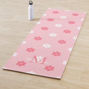 Personalised name monogram white pink floral  yoga mat
