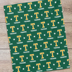 Personalised Name Monogrammed Star Gold Green Fleece Blanket