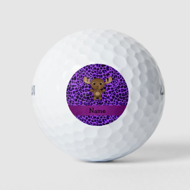 Personalised name moose purple leopard print golf balls (Front)