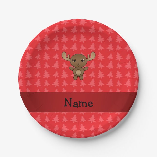 Personalised name moose red christmas trees paper plate (Front)