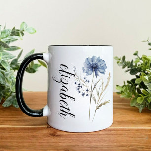 Personalised Name Mug with Watercolor Blue Flower