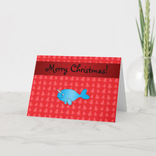 Personalised name narwhal red christmas trees holiday card