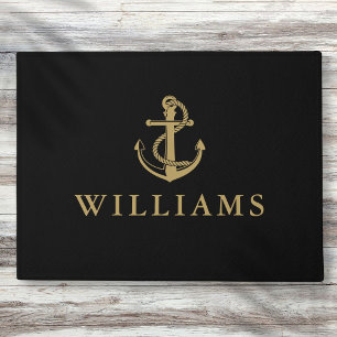 Personalised Name Nautical Anchor Black And Gold Doormat