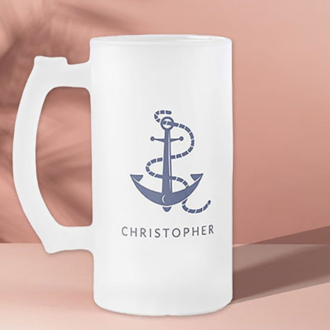 Personalised Name Navy Anchor Nautical Frosted Glass Beer Mug (Creator Uploaded)