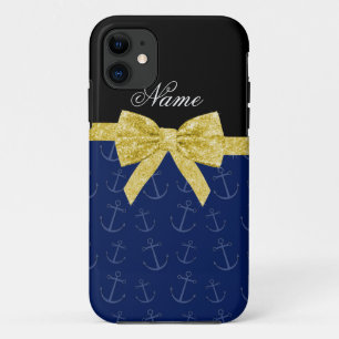 Personalised name navy blue anchors glitter bow Case-Mate iPhone case