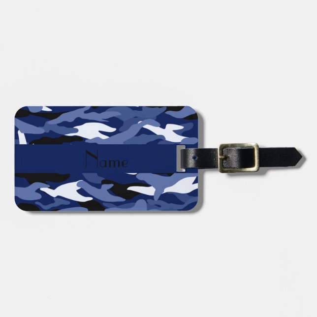 Personalised name navy blue camouflage luggage tag (Front Horizontal)