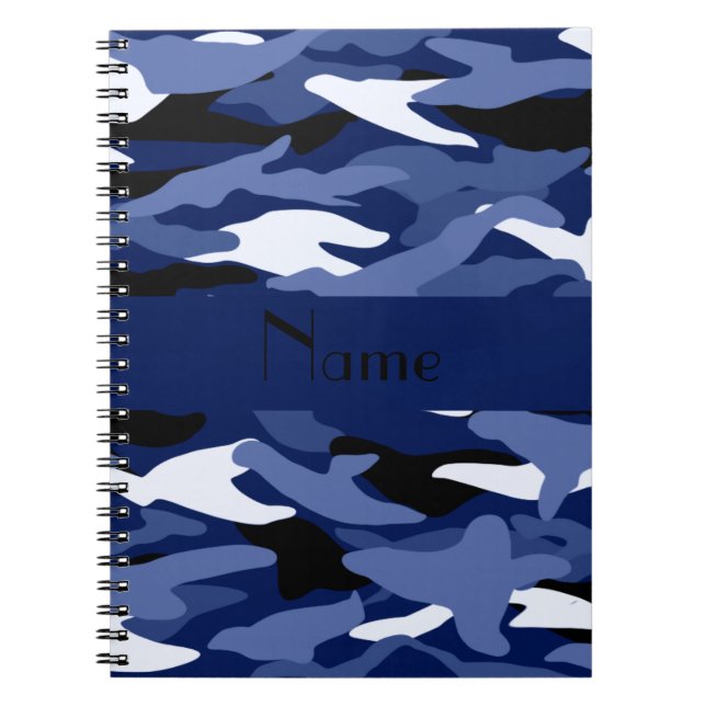 Personalised name navy blue camouflage spiral notebook (Front)