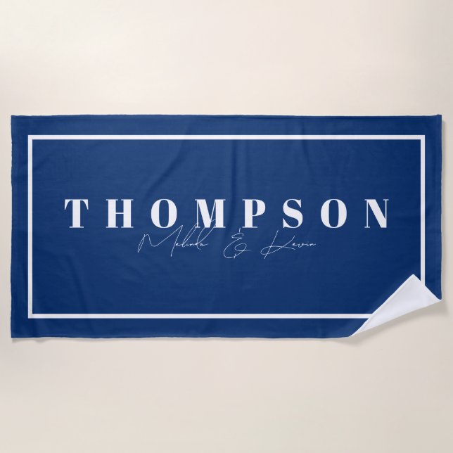Personalised Name Navy Blue Elegant Beach Towel (Front)